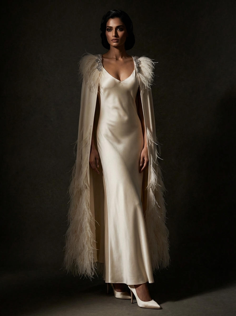 AI couture photography — ostrich cape gown editorial by BrandMorph AI