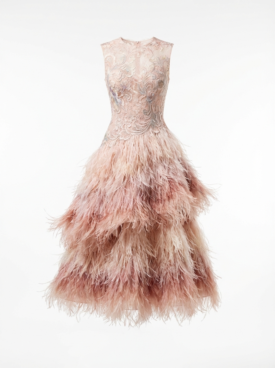 AI couture photography — rose quartz feather gown studio shot