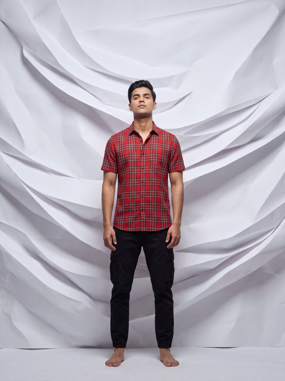 AI menswear concept campaign India — checked shirt editorial by BrandMorph AI