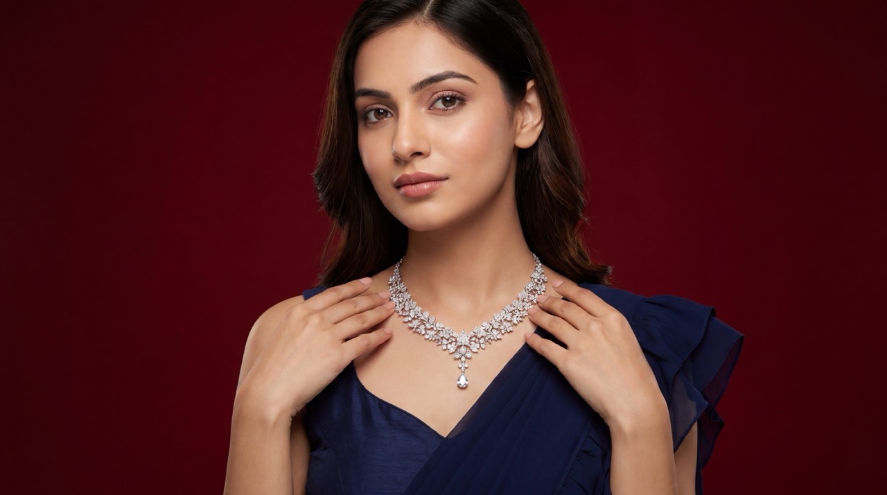 Model with hands framing the necklace